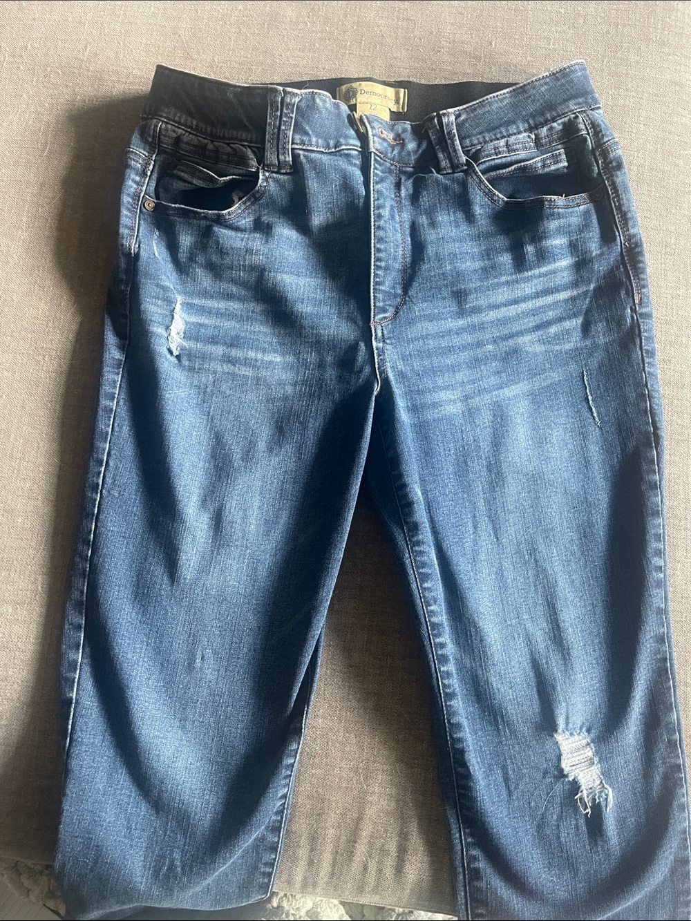 Democracy Women's- Mid-Rise Slim Straight Jeans in Medium Blue - distressed
